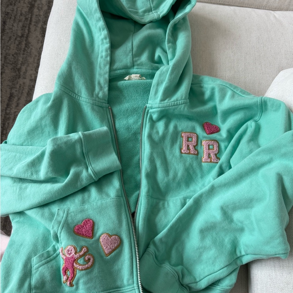 Roller Rabbit Teal Hoodie with Pink Heart and Monkey Patches